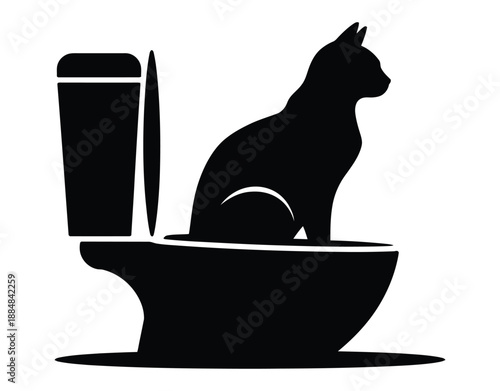 A black silhouette of a cat sitting on a toilet with the lid up