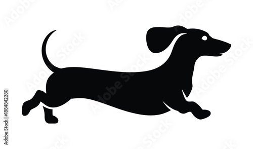 A black silhouette of a dachshund running on a white background