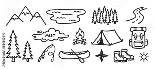 Hand-drawn black and white camping icon set featuring a tent, campfire, mountains, forest, and hiking gear in a simple doodle style for outdoor adventure themes