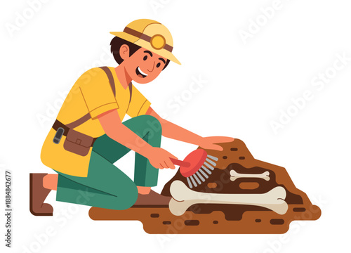 A cartoon archaeologist carefully brushing dirt off a fossilized bone with a small brush.