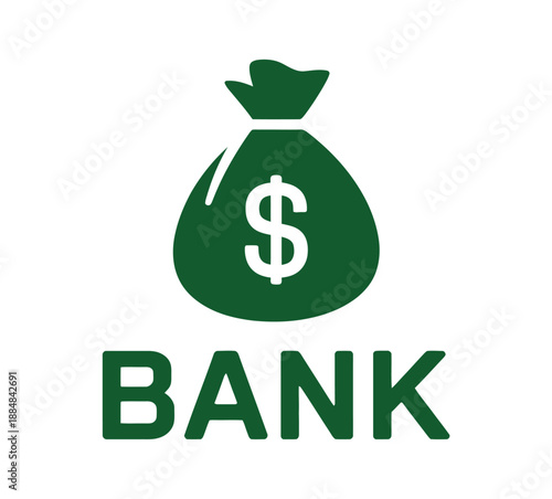 A green bank logo with a money bag and dollar sign on a white background