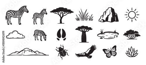 Set of hand-drawn safari icons featuring zebras, baobab trees, mountains, and other wildlife elements in a simple black and white doodle illustration style