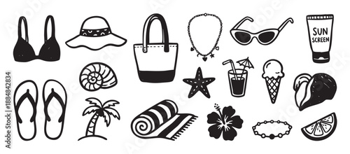 Set of hand-drawn summer beach icons featuring a bikini, sun hat, sunglasses, ice cream, and palm tree in a simple black and white doodle style illustration