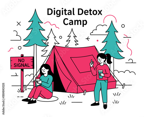 Digital Detox Camp - Tent, No Signal, Flat Vector Illustration