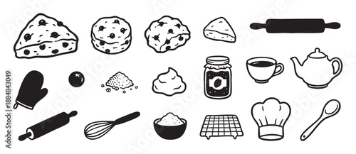 Collection of hand-drawn baking and tea time icons with scones, jam, a teapot, rolling pin, and chef hat in a simple black and white doodle illustration style
