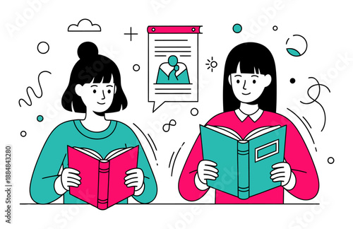 E-book Reading, Digital Library - Flat Vector Illustration