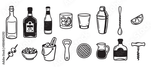Hand-drawn collection of bar and cocktail icons featuring various bottles, glasses, a shaker, opener, and other bartending tools in a black and white doodle line art style