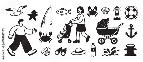 Set of hand-drawn seaside themed icons in a simple black and white doodle style, featuring a family with a stroller, nautical symbols, and various beach elements