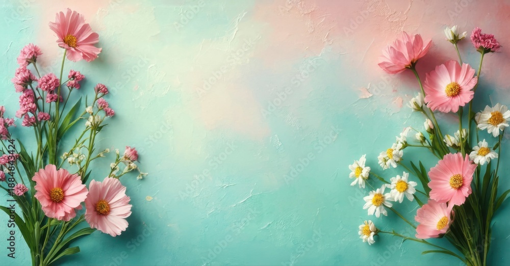 Fototapeta premium Floral composition. Pink, white cosmos blooms with small pink accents. Turquoise backdrop creates soft, delicate aesthetic. Perfect spring scene.