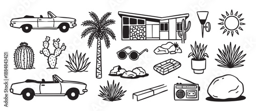 Retro mid-century modern style illustration set depicting a desert vacation with a classic car, palm trees, cacti, and a poolside home