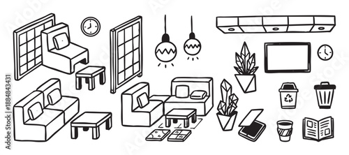 Hand-drawn black and white furniture icons set with sofas, armchairs, tables, and decor elements in a simple doodle style for interior design concepts and home decoration themes