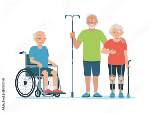 A group of elderly people with disabilities standing and sitting together with assistive devices.