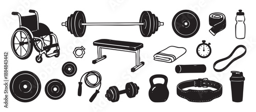 Hand-drawn collection of gym equipment icons including a wheelchair, barbell, dumbbell, and kettlebell for adaptive sports and fitness concepts in a monochrome sketch style