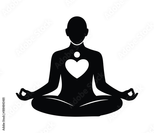 A person meditating in a peaceful and serene environment with a heart symbol on their chest