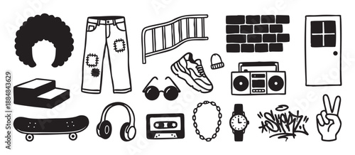 Collection of black and white hip-hop culture icons featuring a boombox, skateboard, graffiti, and afro hairstyle in a hand-drawn doodle style representing 90s street fashion