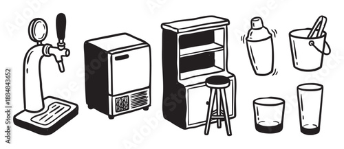 Hand-drawn black and white set of bar and pub equipment illustrations featuring a beer tap, fridge, cabinet, stool, shaker, ice bucket, and drinking glasses in a doodle style