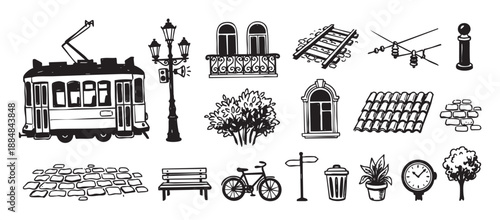 Collection of hand-drawn black and white city icons featuring a vintage tram, lamppost, bicycle, and architectural details in a charming, sketchy doodle illustration style