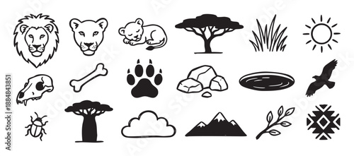 Hand-drawn safari and wildlife icon set with a lion, baobab tree, paw print, skull, and sun, rendered in a minimalist black and white doodle illustration style