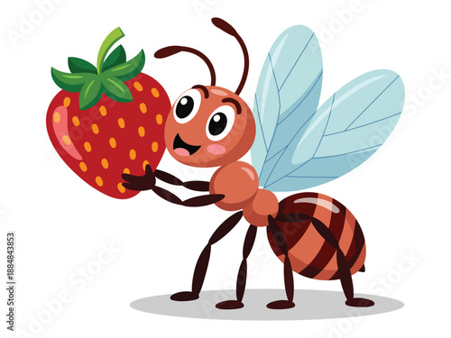 A cartoon ant happily holding a large ripe strawberry in its hands.