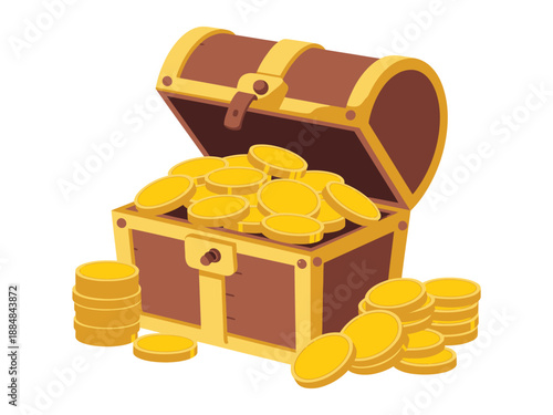 A cartoon treasure chest overflowing with gold coins on a white background