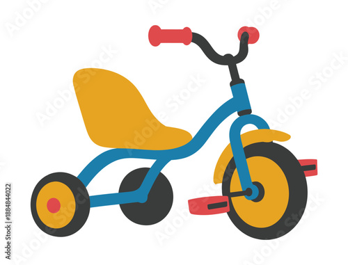 A colorful tricycle for kids with a blue frame and yellow seat