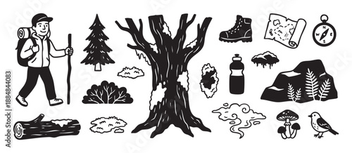 Collection of hand-drawn hiking and outdoor adventure icons showing a backpacker, tree, boot, map, compass, and other forest elements in a bold woodcut style