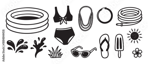Collection of black and white summer icons including an inflatable pool, bikini, sunglasses, and popsicle in a simple hand-drawn doodle style illustration set for vacation concepts