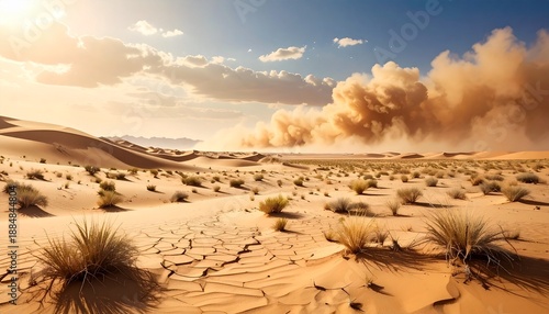 Ecological landscape showing desert invasion and land degradation caused by climate change, with sand dunes overtaking dry grassland
