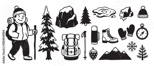 Collection of black and white winter hiking icons including a person, backpack, mountains, and trees in a hand-drawn doodle style for adventure and travel concepts