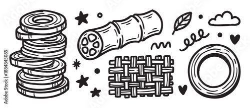 Collection of hand-drawn doodle elements featuring bamboo, a woven mat, stacked coils, and decorative shapes in a simple black and white graphic illustration style for eco concepts