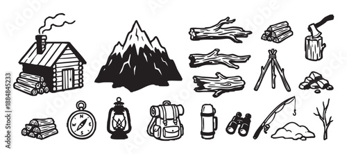 Collection of black and white camping icons featuring a log cabin, mountain, backpack, and compass in a hand-drawn woodcut style for outdoor adventure and hiking themes