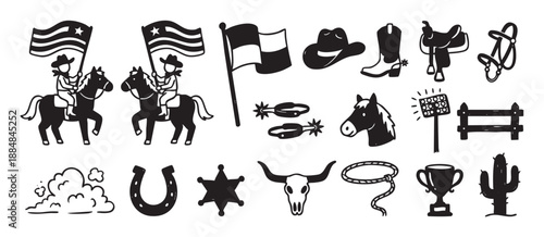 Set of black western rodeo icons featuring a cowboy on a horse, a hat, boot, saddle, horseshoe, bull skull, and cactus, all illustrated in a simple graphic silhouette style