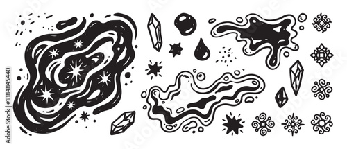 Hand-drawn black and white mystical doodle set with cosmic space elements, magic crystals, liquid splashes, and esoteric folk symbols in a rough, graphic linocut illustration style