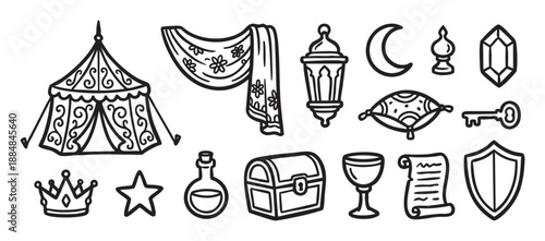 Collection of black and white doodle icons featuring a tent, crown, treasure chest, lantern, and other fairytale elements in a simple hand-drawn line art graphic style