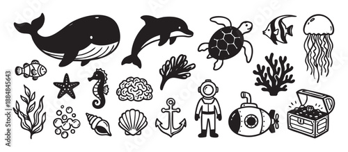 Hand-drawn set of black ocean icons featuring sea animals, a diver, submarine, and treasure chest in a simple graphic doodle style for marine and nautical themes