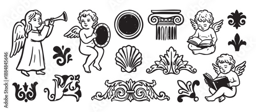 Set of black ink classical design elements with cherubs, angels, a seashell, an ionic column, and ornate acanthus leaf flourishes in a retro woodcut illustration style