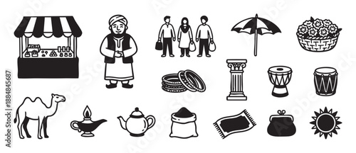 Collection of black and white icons representing a traditional bazaar with a market stall, vendor, camel, drum, and other cultural symbols in a simple line art illustration style