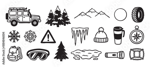 Collection of hand-drawn winter adventure icons featuring an off-road vehicle, mountains, snowflakes, and travel gear in a simple black and white doodle line art style