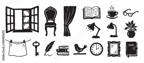 Collection of hand-drawn black icons representing cozy home interior and study elements, including a window, chair, book, lamp, clock, key, and other vintage objects