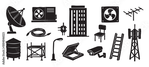 Black hand-drawn icon set of various rooftop and urban equipment including a satellite dish, cell tower, air conditioner, and security camera in a bold graphic linocut style