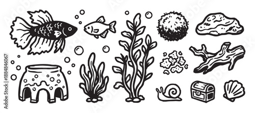 Hand-drawn collection of black and white aquarium elements featuring a betta fish, seaweed, snail, treasure chest, and other underwater life in a simple doodle line art style