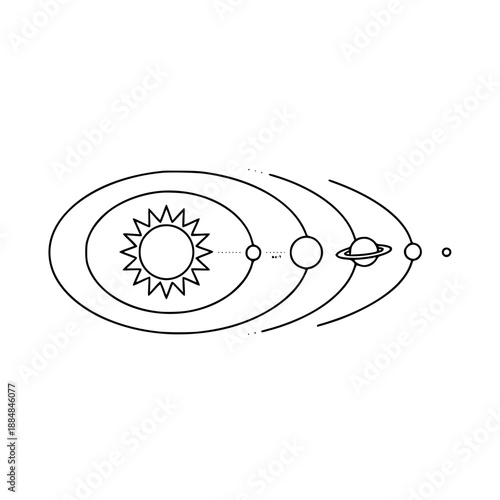 Solar System Diagram – Black and White Line Drawing of Sun and Planetary Orbits