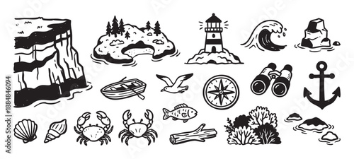 Set of hand-drawn nautical icons and marine elements featuring a lighthouse, anchor, crab, island, and compass in a rustic monochrome doodle illustration style