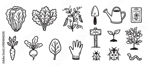 Set of hand-drawn gardening icons featuring vegetables, tools, and insects in a simple black and white doodle style for farming, planting, and horticulture concepts