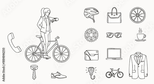Line art illustration of a woman on a bicycle checking her watch, surrounded by a collection of daily objects and cycling accessories, depicting a modern urban lifestyle.