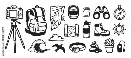 Hand-drawn set of black doodle icons for outdoor adventure, hiking, and travel, featuring a backpack, camera, compass, map, and other camping equipment in a simple sketch style