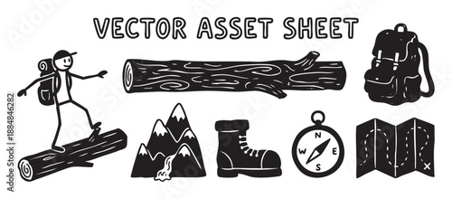 Black and white vector asset sheet featuring hand-drawn hiking and camping icons in a rustic block print style, including a hiker, backpack, mountain, boot, compass, and map