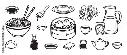 Collection of hand-drawn Asian food icons featuring a bowl of noodles, dim sum in a steamer, a teapot, and soy sauce in a monochrome line art illustration style