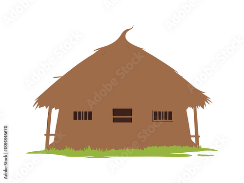 A traditional thatched roof hut with a grassy lawn in a rural setting