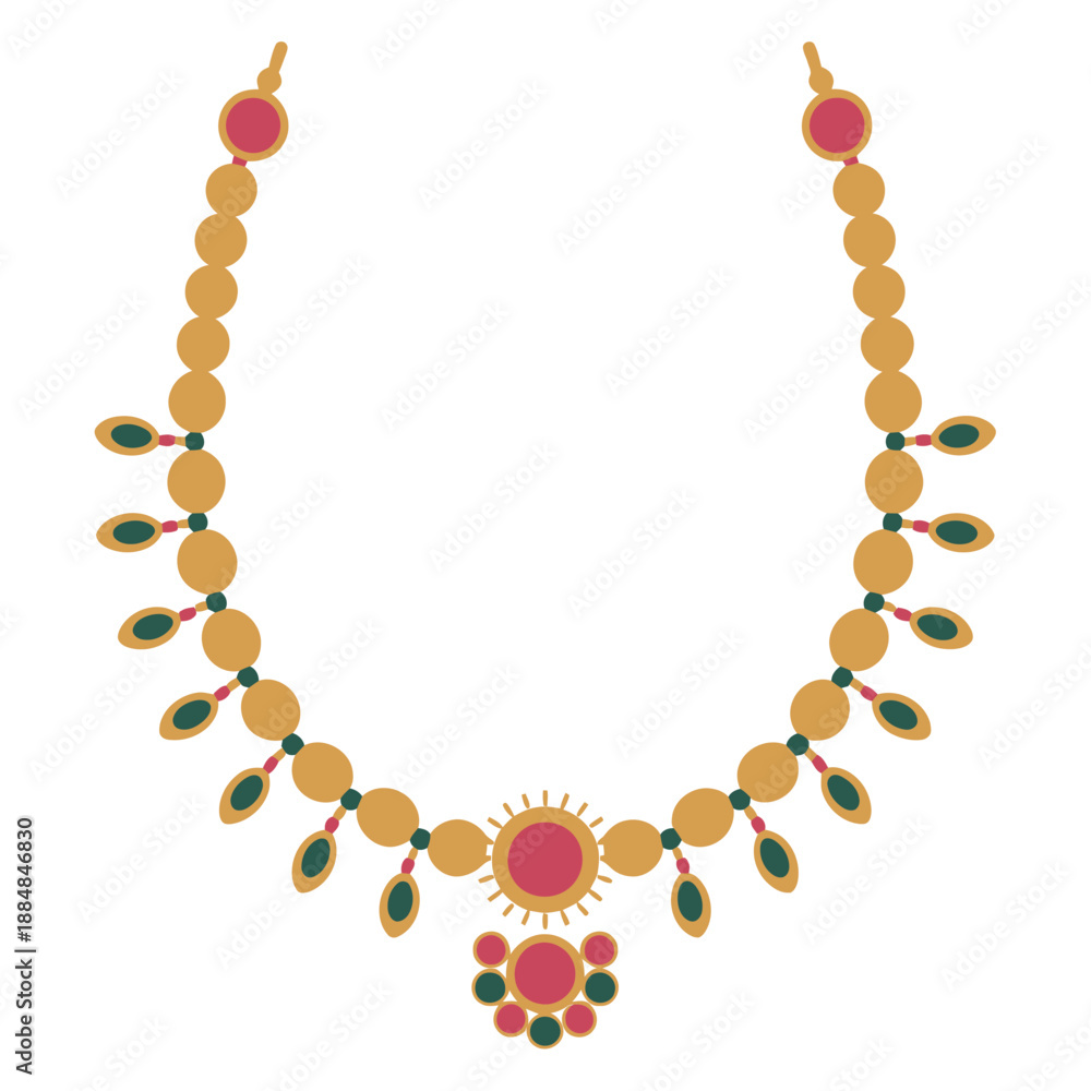 Obraz premium A vibrant gold necklace with pink and green gemstones on a white background